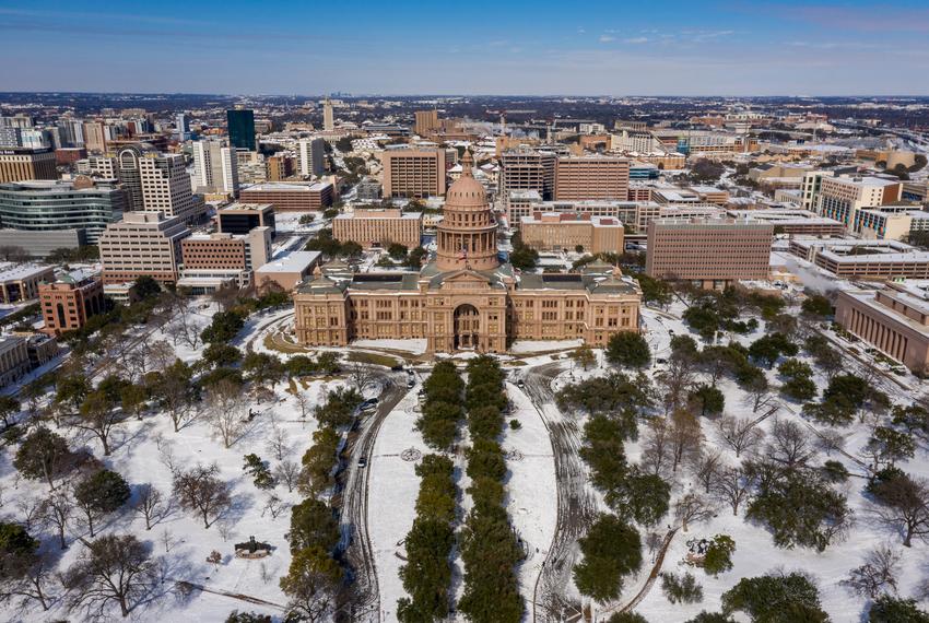 Snow covered the Texas Capitol grounds during the winter storm on Feb. 16, 2021.