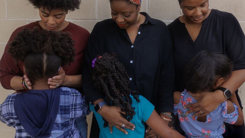 Mothers Anna Sneed, Chantel Jones-Bigby and Sharby Hunt-Hart with their daughters at the Rowlett Public Library in Rowlett, TX on October 26, 2023.