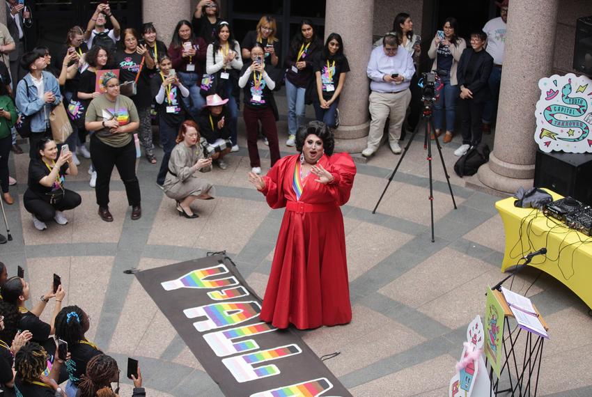 Drag queen Nadine Hughes performs in the Capitol Rotunda during the Youth Capitol Takeover on Mar. 29, 2023.