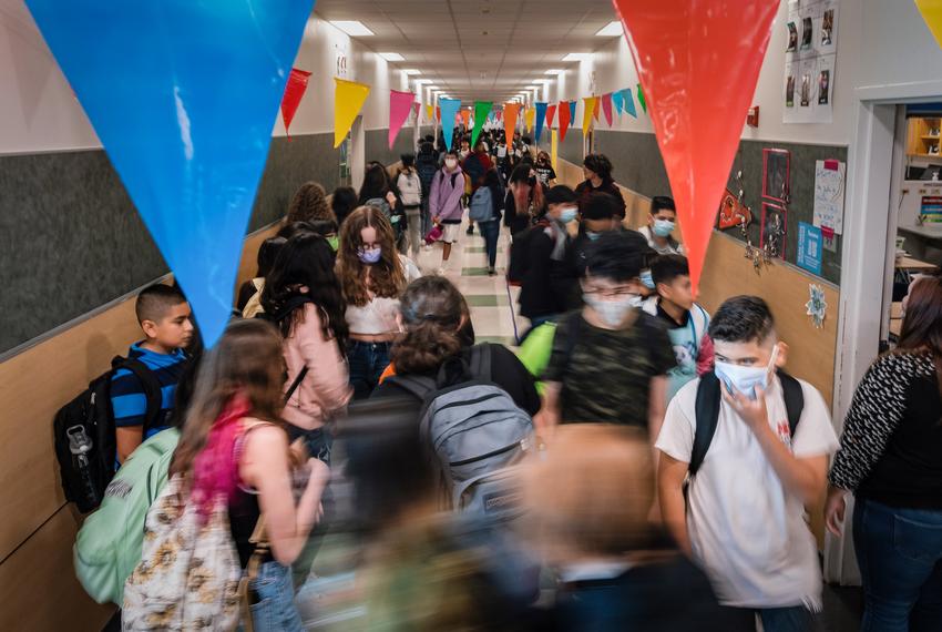 Students walk between classes at Chapa Middle School in Kyle on August 24, 2021.