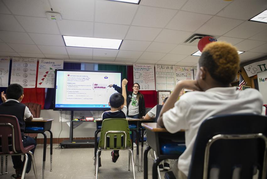 Jessica Lemmer went over a fraction problem with her third grade math class Jan. 14, 2018 at Edward Titche Elementary School in the Pleasant Grove area of Dallas.