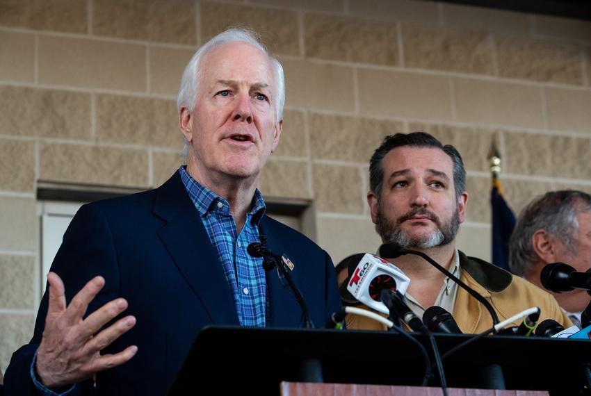 Texas Sens. John Cornyn and Ted Cruz at a press conference on border security at the Anzalduas International Bridge in Mission on Jan. 10, 2019. The senators accompanied President Donald Trump on his trip to the southern border earlier in the day.