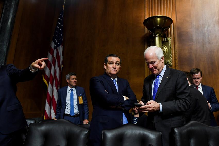U.S. Senators Ted Cruz and John Cornyn during a Senate Judiciary Committee hearing on Capitol Hill in Washington, D.C., on Sept. 27, 2018.