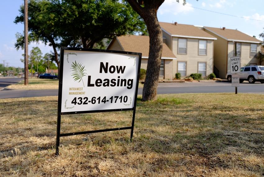 A leasing sign outside Garden Court Apartments in north Midland, where rent for a one-bedroom can run as high as $850 per month. Leasing signs were an uncommon sight in Midland as recently as 2014, when apartment occupancy nearly hit 100 percent. It's fallen to about 80 percent now, according to the Permian Basin Apartment Association.