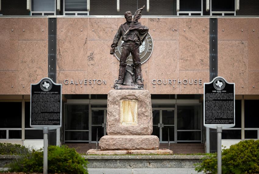 A statue of a returning Confederate soldier on Thursday, April 21, 2022 in Galveston, TX. Known as The “Dignified Resignation,” the monument has stood in front of the Galveston County Courthouse since 1911. Commissioner Stephen Holmes made a motion to have the statue removed in 2020 but it was not supported by any other commissioners.