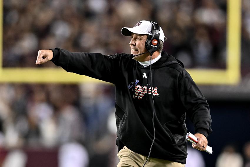 Texas A&M Aggies head coach Jimbo Fisher reacts to a call during the second quarter against the Mississippi State Bulldogs at Kyle Field in College Station on Saturday, Nov. 11, 2023. Mandatory Credit: Maria Lysaker-USA TODAY Sports