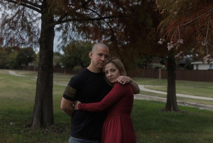 Kimberly Manzano, a new plaintiff joining nine women in a lawsuit against the state of Texas’s abortion ban, is held by her husband David Manzano for a portrait at a park in McKinney, TX on November 11, 2023. Manzano had a fatal fetal diagnosis and had to travel out of state to New Mexico for an abortion.