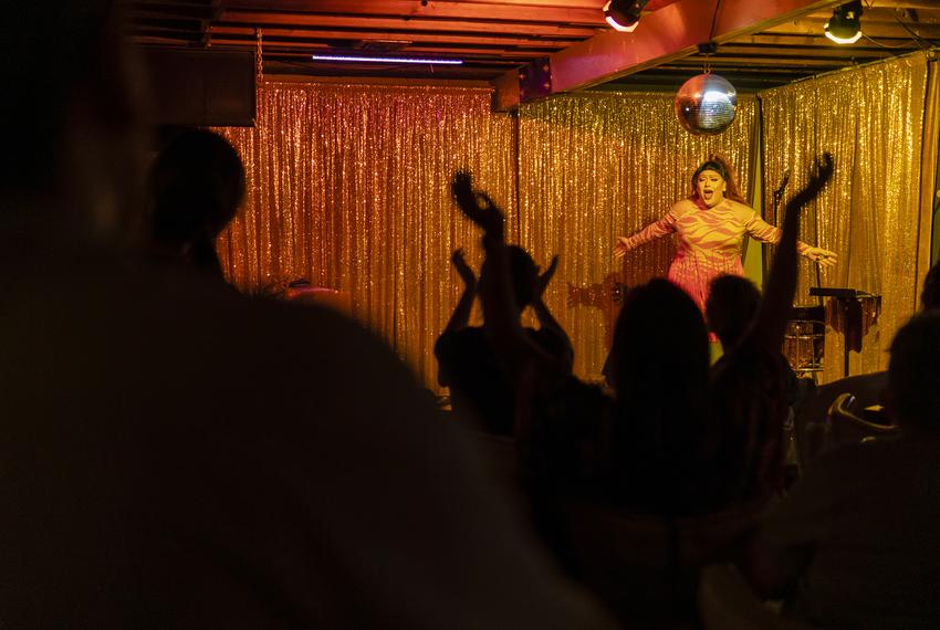 Drag queen Casady Milan performs at Long Play Lounge in East Austin on June 12, 2021.