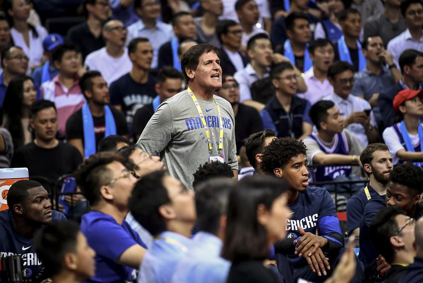 Mark Cuban, center, the owner of Dallas Mavericks, before an NBA China Games between the Dallas Mavericks and Philadelphia 76ers in Shenzhen in 2018.

Mavericks beat 76ers 115-112 at Shenzhen match of NBA China Games.No Use China. No Use France.