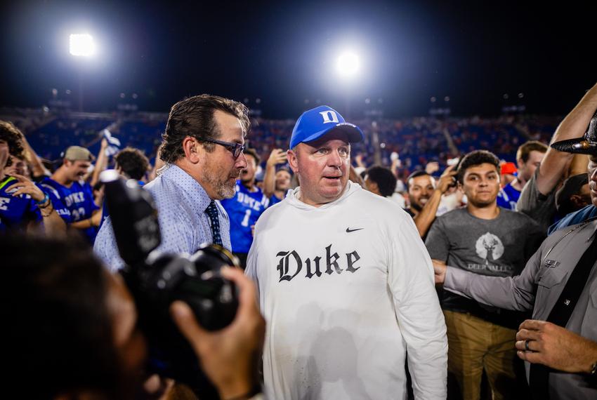 Duke Blue Devils head coach Mike Elko after defeating the Clemson Tigers in the ACC Football matchup at Wallace Wade Stadium September 4, 2023, in Durham, NC.