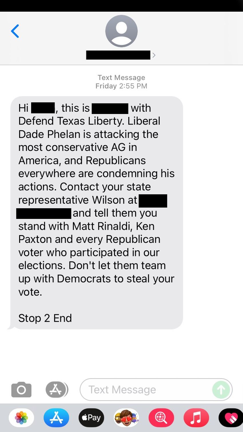 A screenshot of a text message sent by Defend Texas Liberty defending Ken Paxton the day before the Texas House impeachment vote.