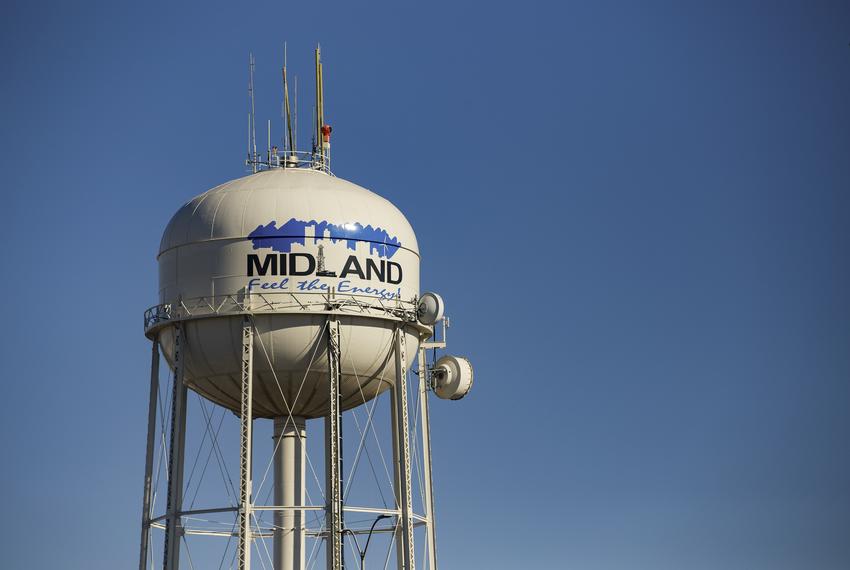 A water tower at the Midland International Air & Space Port on Jan. 28, 2022.