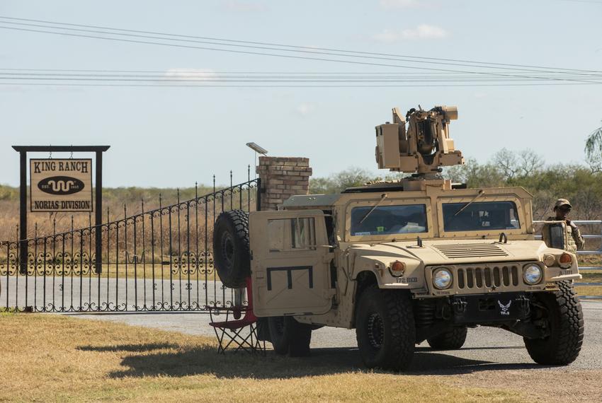 Texas National Guard stationed outside a King Ranch Norias Division entrance on Jan. 13, 2022.