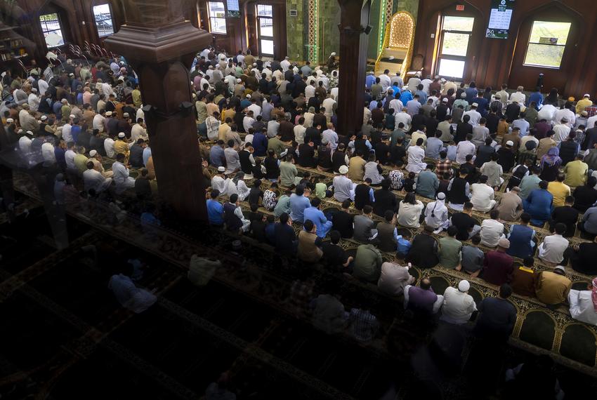 Men pray Eid prayers at the Al-Noor Masjid on Friday, April 21, 2023, in Houston, TX.