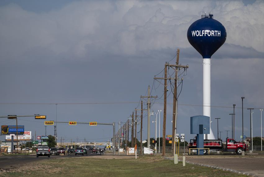 One of the City of Wolfforth’s water towers stands Wednesday, April. 26, 2023, in Wolfforth, Texas.