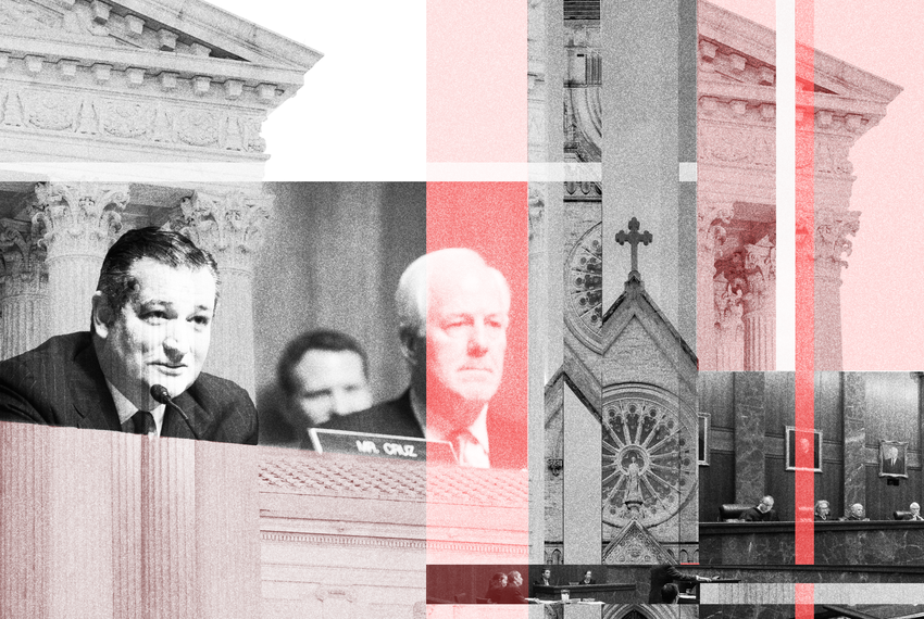 A woven photo collage featuring images from left to right and highlights of red. Photo clips include corners of the U.S. Supreme Court architecture, Ted Cruz and John Cornyn on the Senate judicial committee, stained glass windows from a cathedral, and federal justices during a hearing.