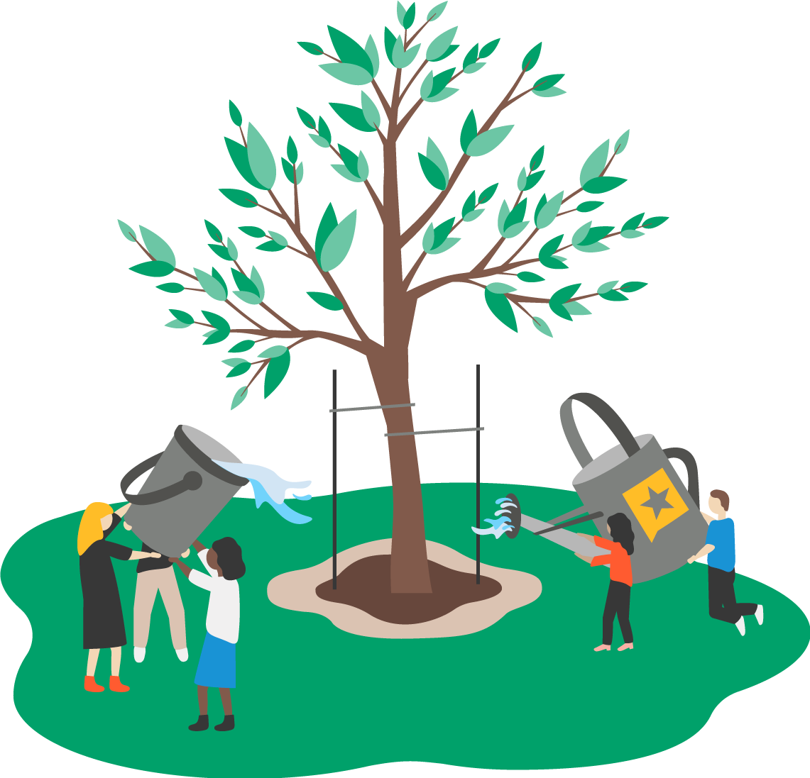 Illustration: People working together to water a tree.